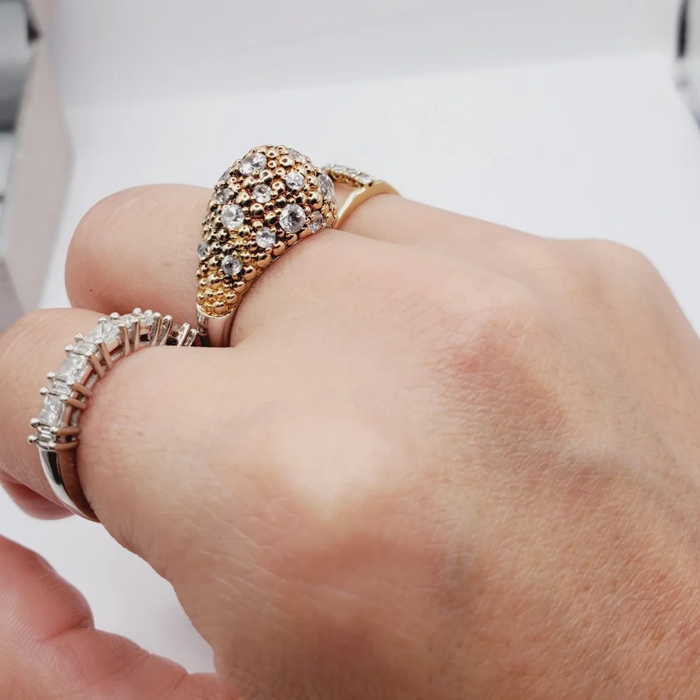Genuine Round White Topaz 925 Sterling Silver - Gold Bubble Dome Flower Ring